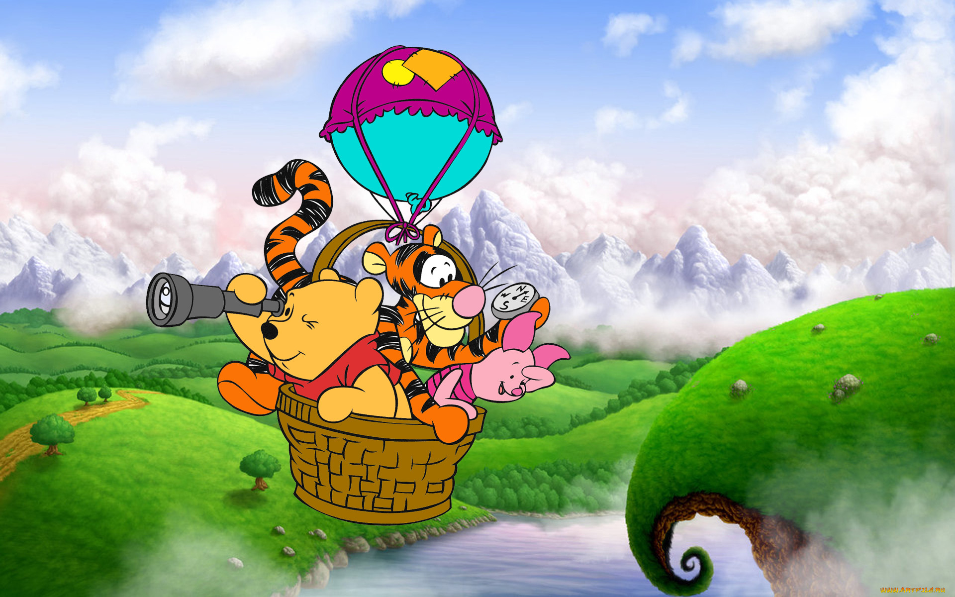 мультфильмы, winnie the pooh, винни-пух, тигра, пятачок, воздушный, шар, по...